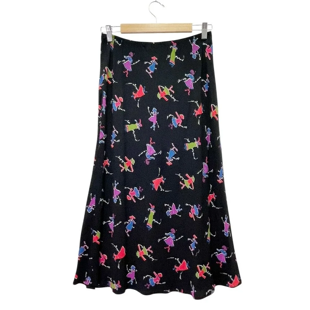 Carol Anderson Petite Vintage 90s Midi Skirt P Black Novelty Print Rayon USA Y2K